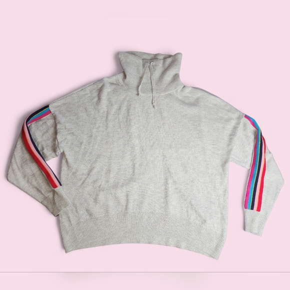 Love by Gap Gray Merino Wool Blend Slouchy Mock Neck Sweater Stripe Sleeves S - Picture 2 of 7